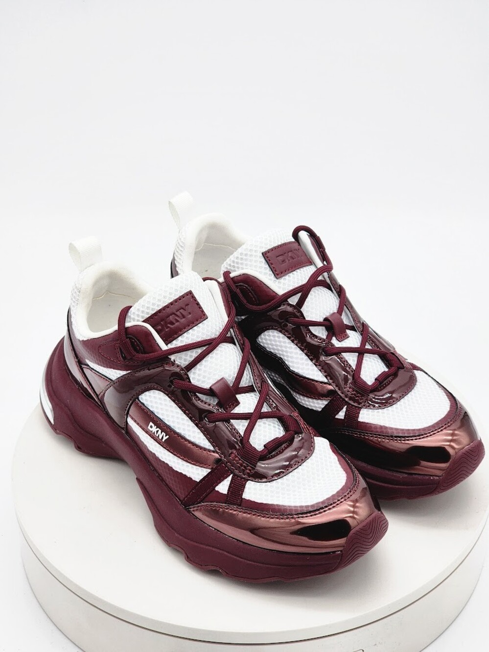 DKNY Juna Women’s Burgundy White Metallic Chunky Sneakers Size 8.5 M